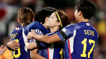 Japan&#x27;s Riko Ueki celebrates scoring their fifth goal against Zambia.