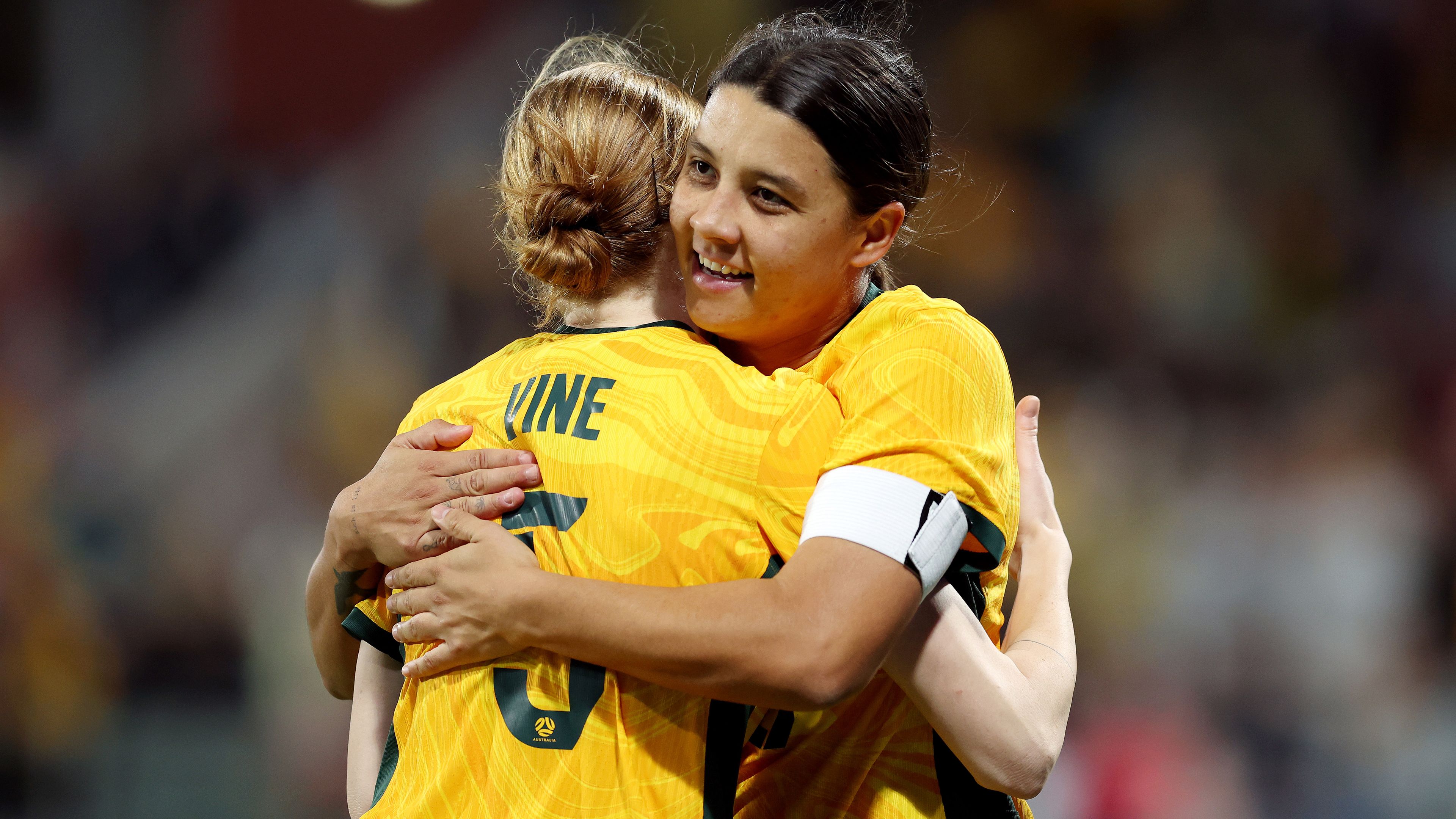 Samantha Kerr of the Matildas celebrates with team mates after scoring a goal during the AFC Women&#x27;s Asian Olympic Qualifier match between Australia Matildas and IR Iran at HBF Park on October 26, 2023 in Perth, Australia.