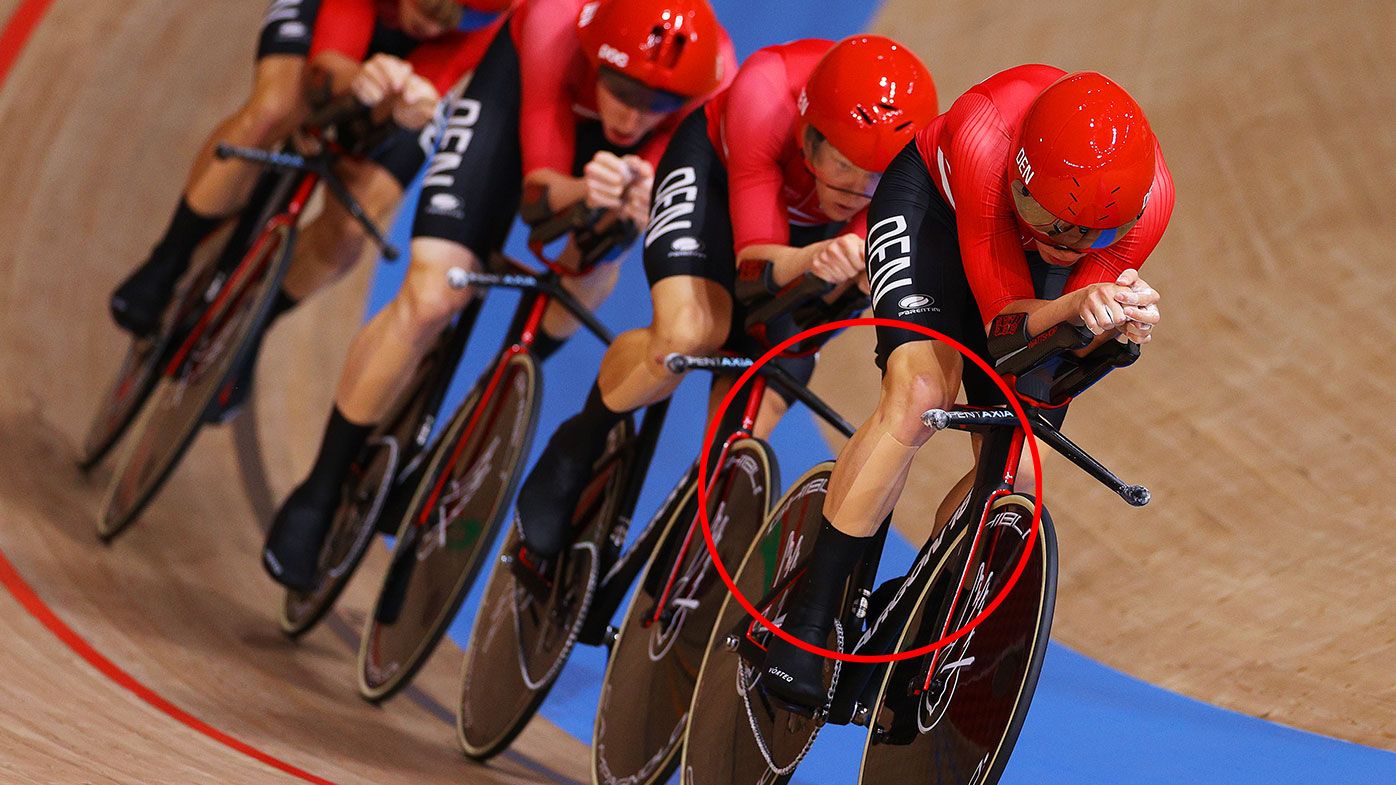 Medical tape can be seen on Denmark&#x27;s team of Lasse Norman Hansen, Niklas Larsen, Frederik Madsen and Rasmus Pedersen, compete during the Men´s team pursuit qualifying of the Track Cycling on day 10 of the Tokyo Olympics 2021 games.