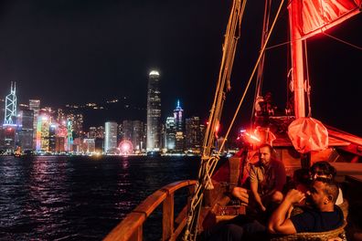 The spectacular Aqua Luna night cruise experience on a traditional Hong Kong 'junk' boat.