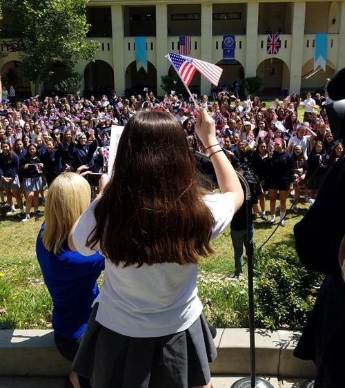 Girls at the Immaculate Heart High School in Los Angeles held a 'Here's to Meghan' celebration in her honour. Picture: Rob Penfold.