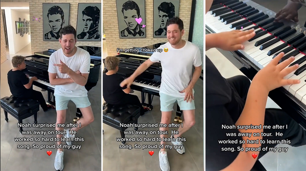 Singer Michael Bublé chokes up as son Noah accompanies him on piano to hit song I'll Never Not Love You - 9Honey