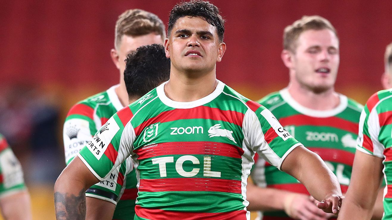  Latrell Mitchell of the Rabbitohs looks on after the round 24 NRL match between the Sydney Roosters and the South Sydney Rabbitohs at Suncorp Stadium on August 27, 2021, in Brisbane, Australia. (Photo by Chris Hyde/Getty Images)
