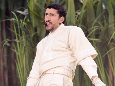 Bad Bunny performs onstage during the Apple Music Super Bowl LX Halftime Show at Levi's Stadium on February 8, 2026 in Santa Clara, California. 