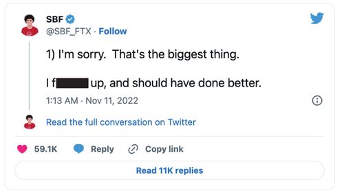 A tweet posted by Sam Bankman-Fried about the collapse of FTX.