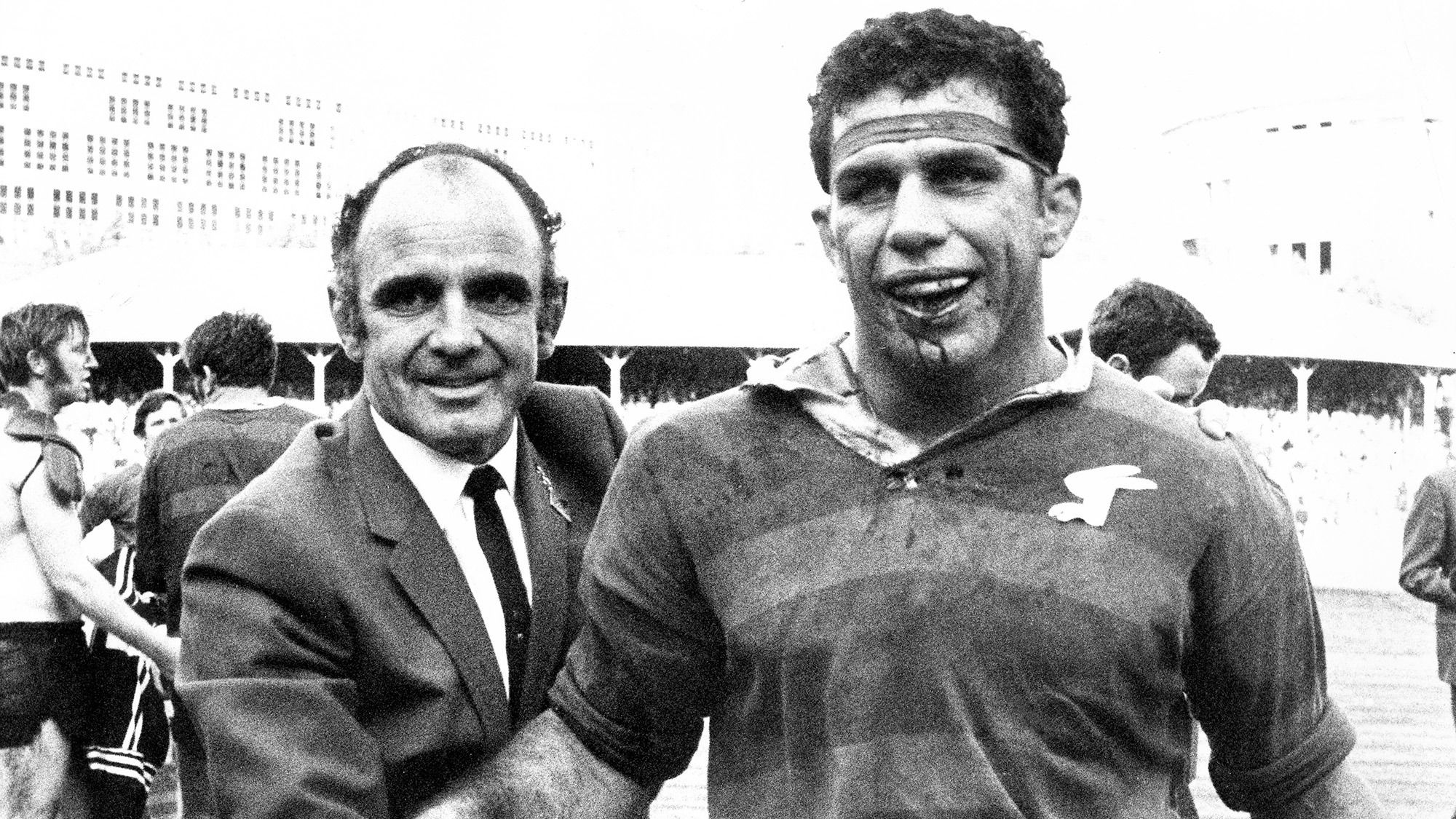 John Sattler leaves the field with a broken jaw after the 1970 grand final between the South Sydney Rabbitohs and the Balmain Tigers.