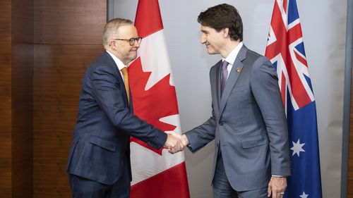 Prime Minister Anthony Albanese meets with Prime Minister of Canada Justin Trudeau on Thursday in Madrid.