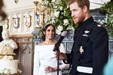 Meghan, Duchess of Sussex, with Prince Harry, Duke of Sussex, during their daytime wedding reception at Windsor Castle on May 19, 2018 in Windsor.