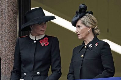 (left to right) The Duchess of Cambridge and the Countess of Wessex on the balcony at the Remembrance Sunday service at the Cenotaph, in Whitehall, London. Picture date: Sunday November 14, 2021. PA Photo. See PA story MEMORIAL Remembrance. Photo credit should read: Aaron Chown/PA Wire