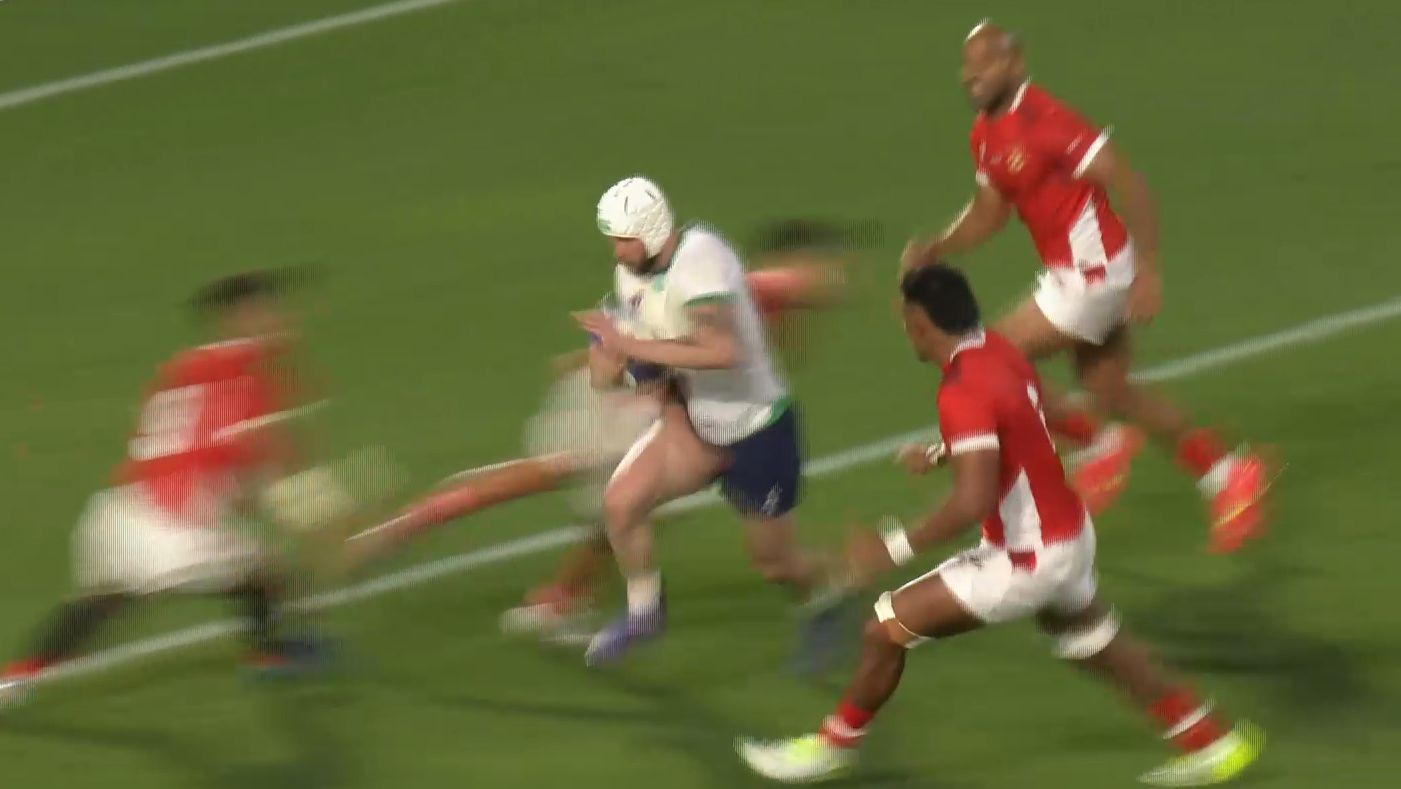 Mack Hansen split the Tongan defence wide open to score Ireland&#x27;s third try of their Pool B match.