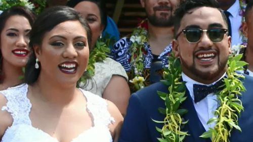 Christine Tupu and husband Hekeai Piutau on their wedding day. Mr Piutau has been cleared of any involvement in the scamming. (Supplied)