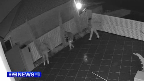 CCTV obtained by 9News shows a group of masked men creeping up the driveway of the home on Mander Court in Wellington Point about 1am.
