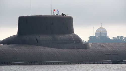 A nuclear ballistic missile submarine enters St Petersburg in July 2017. Photo: Getty Images