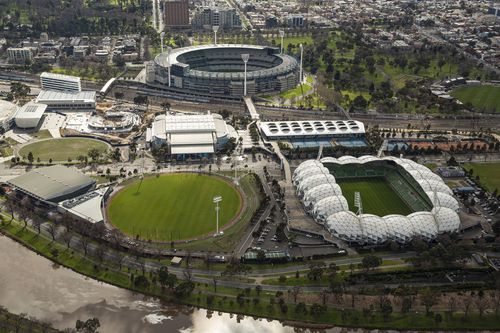 MELBOURNE, AUSTRALIA - AUGUST 26: An aerial view over the Melbourne Park precinct on August 26, 2020 in Melbourne, Australia. Melbourne is in stage four lockdown for six weeks until September 13 after sustained days of high new COVID-19 cases. (Photo by Daniel Pockett/Getty Images)