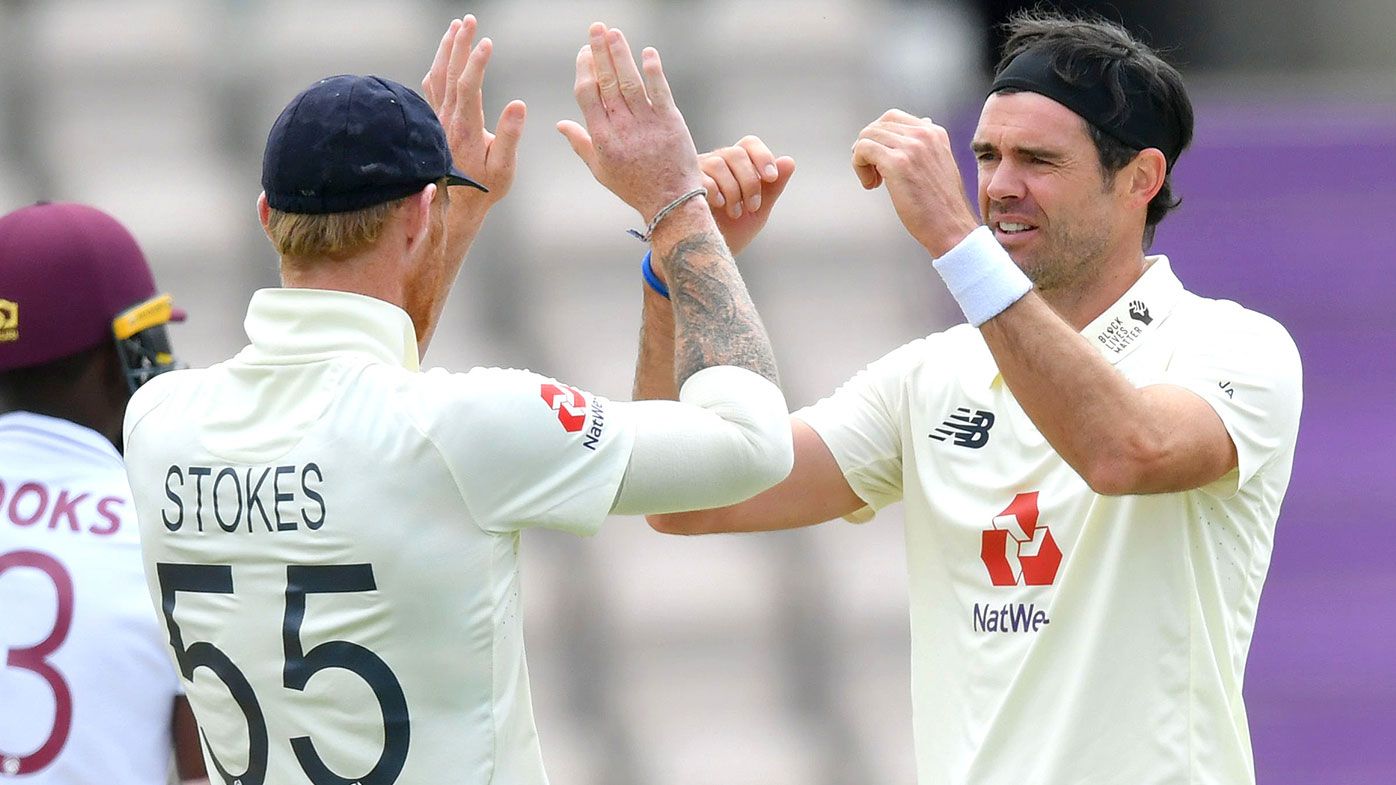 James Anderson of England celebrates with Ben Stokes
