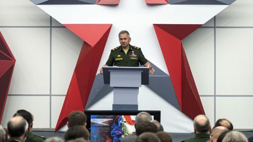 Russian Defence Minister Sergei Shoigu speaks during the opening ceremony of the International Military Technical Forum Army-2018 in Alabino, outside Moscow.