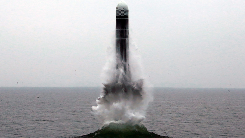 North Korea fired a ballistic missile from the sea on Wednesday, South Korea's military said, a suggestion that it may have tested an underwater-launched missile for the first time in three years ahead of a resumption of nuclear talks with the United States this weekend. (Korean Central News Agency/Korea News Service via AP)