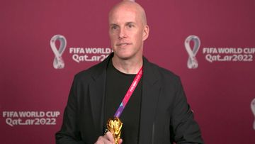 A screenshot taken from video provided by FIFA of journalist Grant Wahl at an awards ceremony in Doha, Qatar in Nov. 2022.