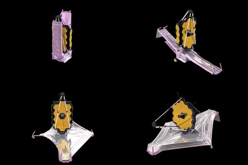 This combination of images from an animation made available by NASA in December 2021 shows the unfolding of the components of the James Webb Space Telescope. 