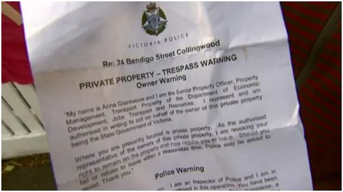 Victorian Police issued squatters at the Collingwood property yesterday. (9NEWS)