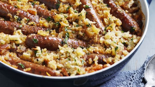 Sausage and white bean casserole with herbed breadcrumbs