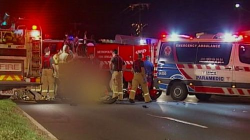 Police believe the motorcyclist crashed into the back of the fire truck in Melbourne's west. (9NEWS)