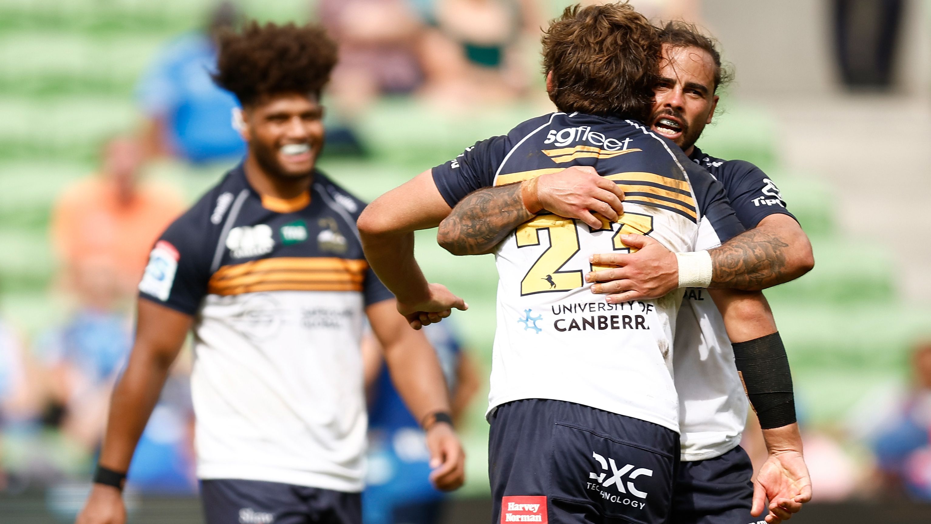 Andrew Muirhead and Ollie Sapsford celebrates victory during the round two Super Rugby Pacific match between Blues and ACT Brumbies at AAMI Park.