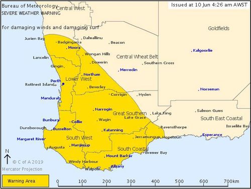 190610 Weather forecast WA severe warning BoM dangerous winds surf tides news Australia