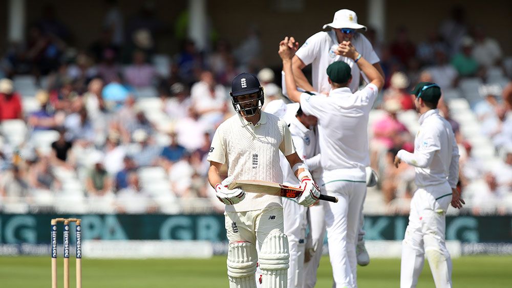 South Africa celebrates the dismissal of England's Mark Wood. (AAP)