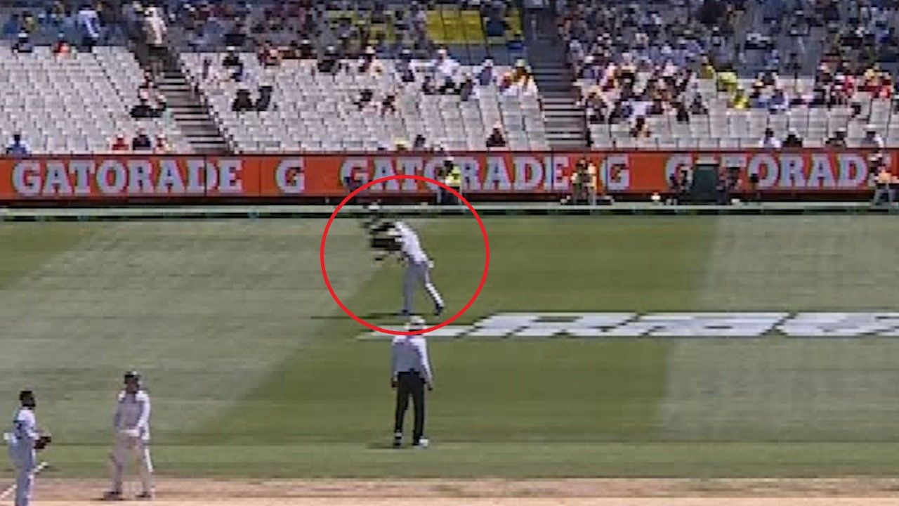 South African bowler Anrich Nortje is hit by Spidercam at the MCG.