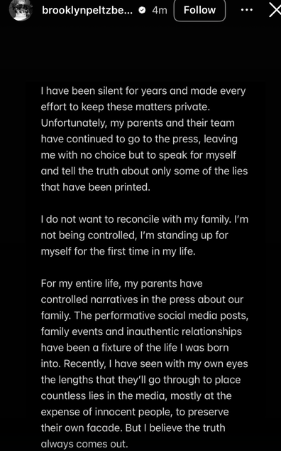 Brooklyn Beckham shares statement about ongoing feud with his parents David and Victoria Beckham