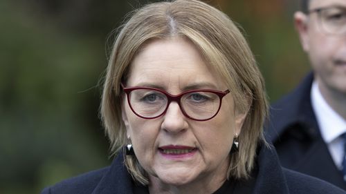 Premier Jacinta Allan ve Anthony Carbines, Polis Bakanı basın toplantısı düzenliyor.