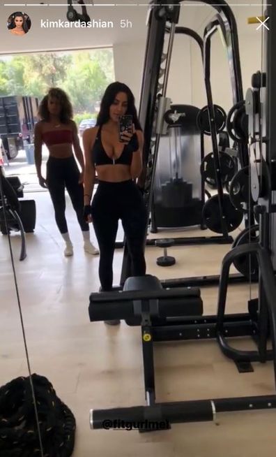 Kim Kardashian, trainer, workout, gym, selfie