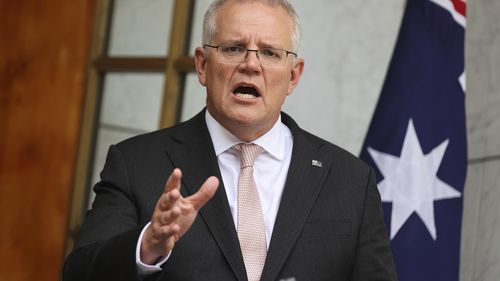 Prime Minister Scott Morrison during a press conference at Parliament in Canberra.
