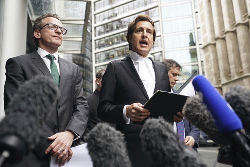 The Duke of Sussex's barrister, David Sherborne (right) speaking to the media outside of the Rolls Building in central London, Friday, Feb. 9, 2024. 