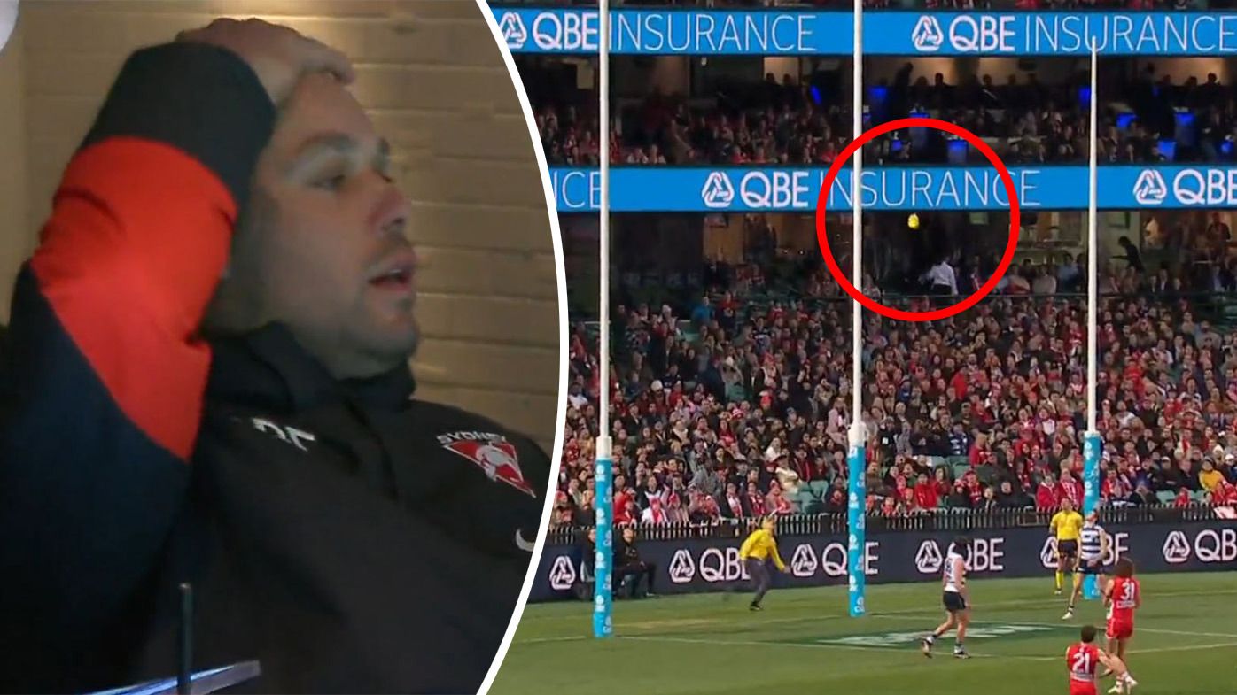 Lance Franklin reacts to Tom Hickey&#x27;s shocking miss in the draw between the Swans and Geelong at the SCG.