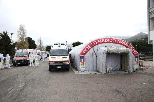 The Cervello hospital in Palermo, Sicily, where tented field hospitals have been set up in front of three hospitals to relieve the pressure on the emergency room and allow ambulances to get their patients into a bed rather than wait in line in the parking lot, Friday, Jan. 7, 2022. 