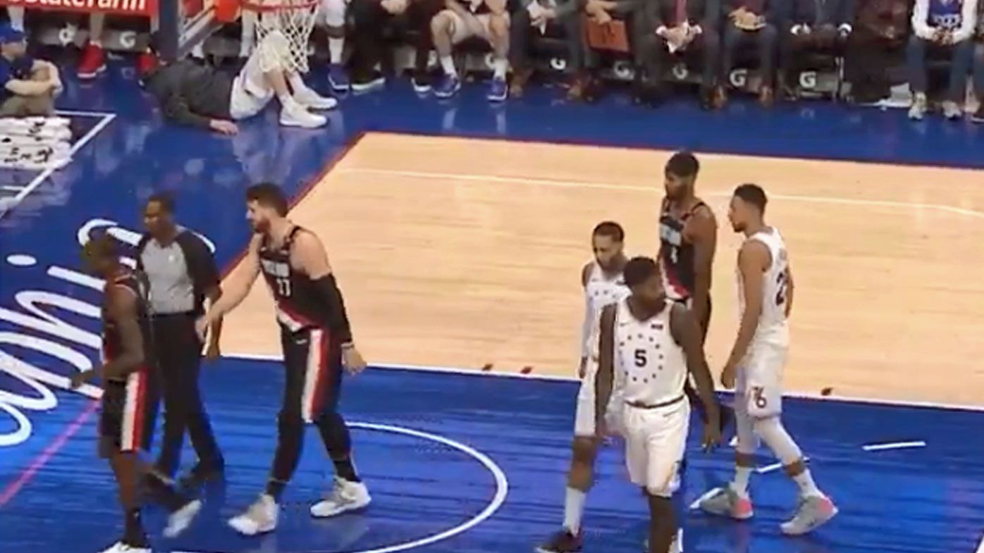 Ben Simmons clashes with Jusuf Nurkic and Enes Kanter in 76ers loss to Trail Blazers
