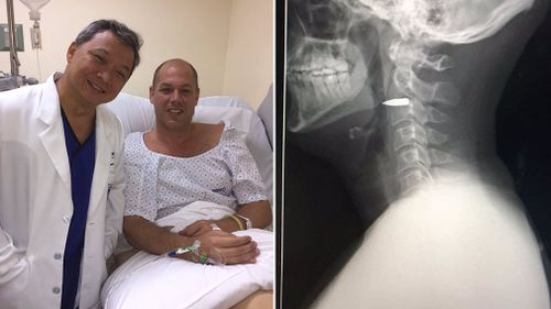 ABC journalist Adam Harvey smiling and grateful after doctor removes bullet from neck 