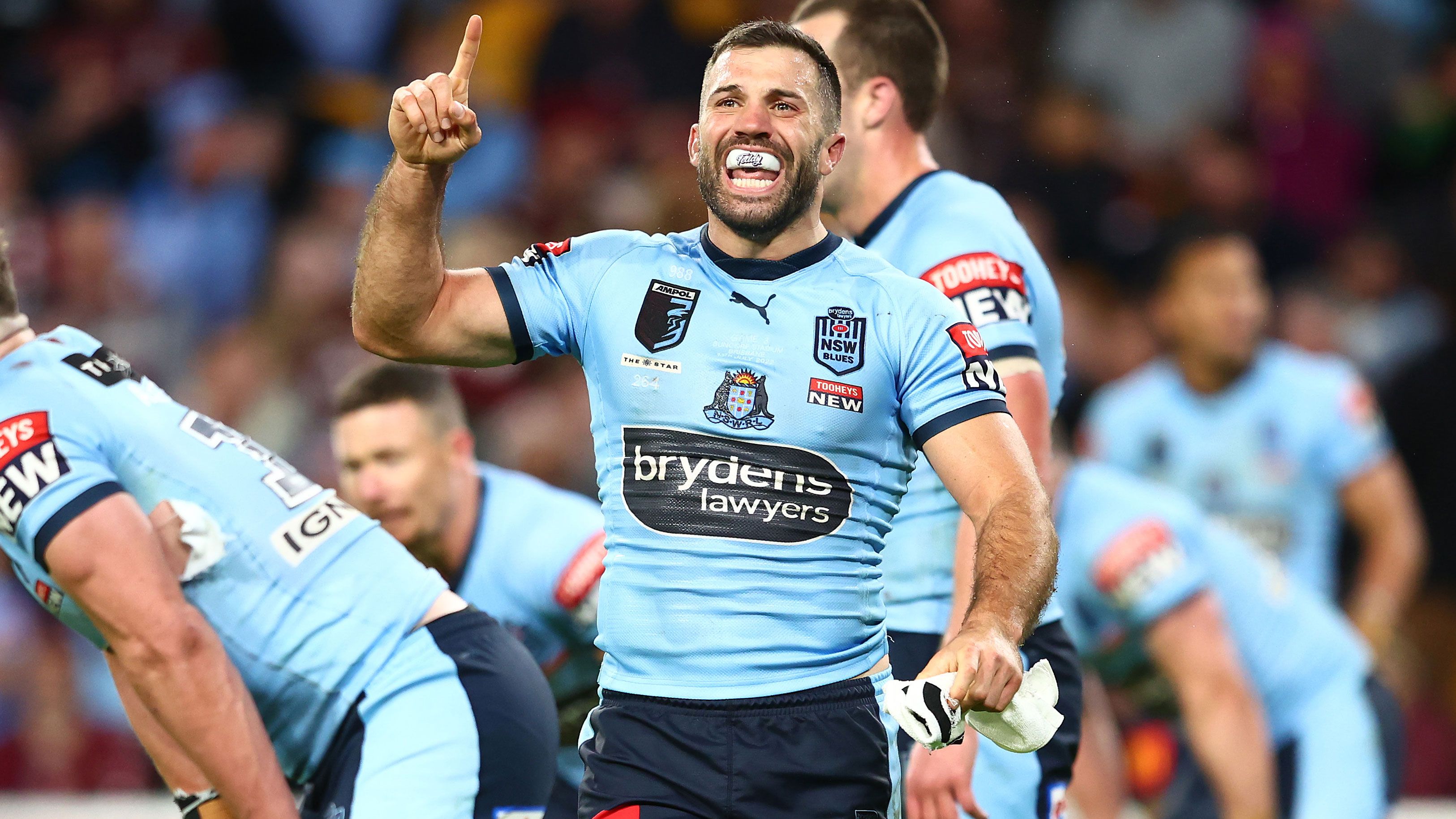 NSW Blues captain James Tedesco reacts during State of Origin III, 2022.