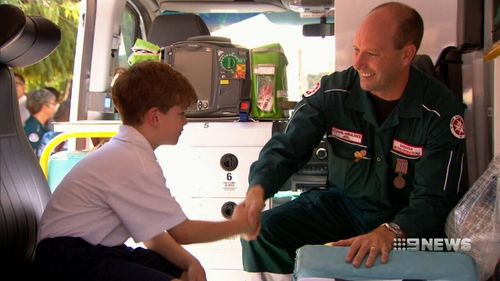 Riley was reunited with the paramedic in a special ceremony. (9NEWS)
