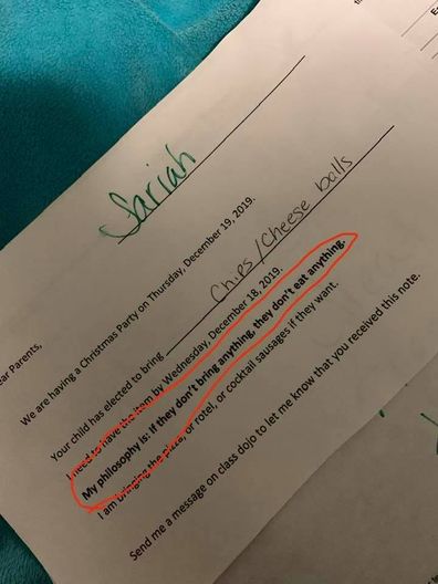  teacher sends letter to parents warning students they'll go hungry if they don't bring snacks to Christmas party
