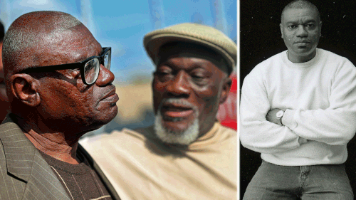 Wilbert Jones, left, talks to the media with his brother Plem Jones on his release from prison. (Photo: AP). Right: a prison portrait of Wilbert Jones from the 1990s. (Photos: AP).