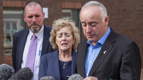 The parents of Grace Millane, David and Gillian Millane, speak to media outside Auckland High Court in November.