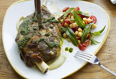 Slow-roasted Moran family lamb shoulder with chermoula, zucchini and mint
