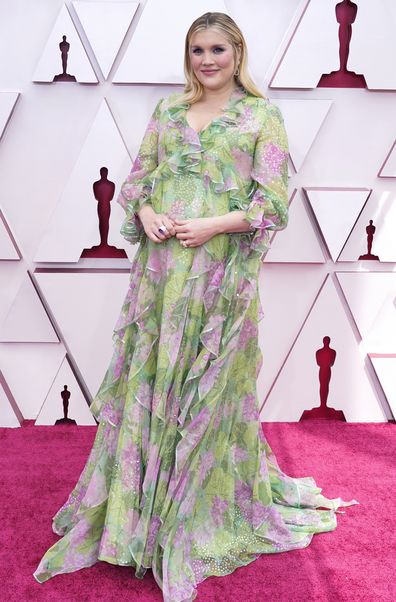 Emerald Fennell arrives at the Oscars on Sunday, April 25, 2021, at Union Station in Los Angeles. (AP Photo/Chris Pizzello, Pool)