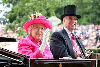 Prince Andrew, pictured here with the Queen, reportedly let an American model sit on her throne at Buckingham Palace.