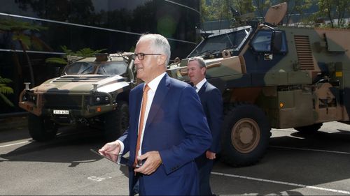 Prime Minister Malcolm Turnbull and Defence Industry Minister Christopher Pyne visit Thales Underwater Systems in Sydney. (AAP)