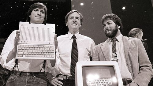 Steve Jobs, chairman of Apple Computers, John Sculley, president and CEO, and Steve Wozniak, co-founder of Apple in April 1984. (AAP)