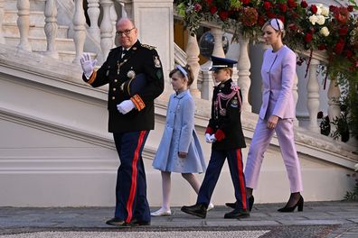 Prince Albert II of Monaco, Princess Gabriella of Monaco, Prince Jacques of Monaco and Princess Charlene of Monaco attend the Monaco National Day celebrations in the courtyard of the Monaco palace on November 19, 2024 in Monaco, Monaco. (Photo by Stephane Cardinale/PLS Pool/Getty Images)